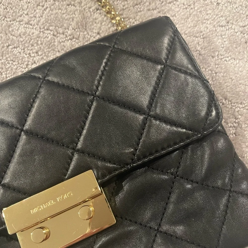 Michael Kors Black Quilted Shoulder Bag with Gold Chain Strap, Small Size 10”x7”